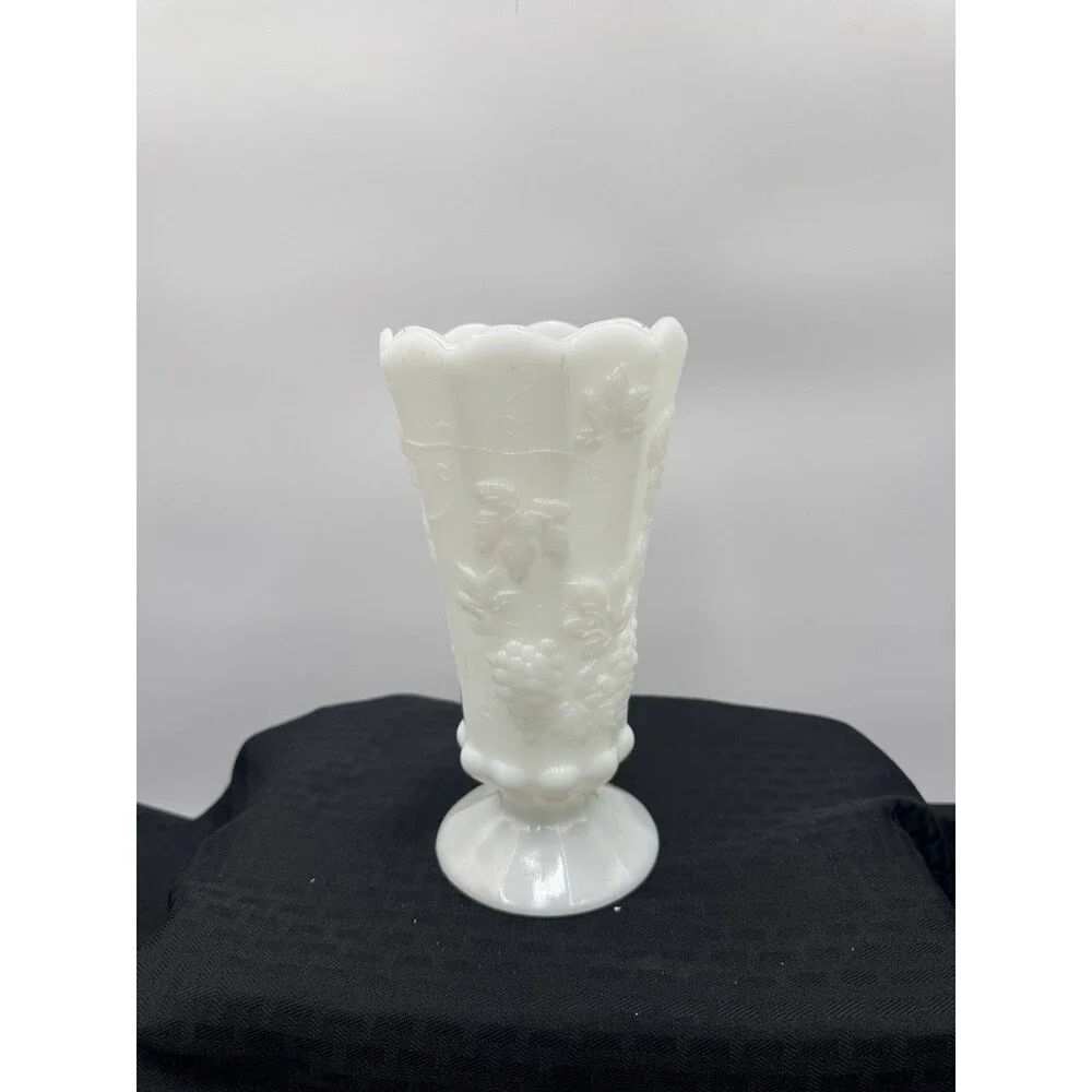 Vintage Milk Glass Footed Vase Grapes Flowers - Paneled, Scalloped Rim - 9 1/4